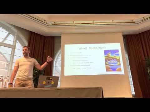 Yves Le Maout presenting MotherDuck at DuckCon 2023 in Brussels