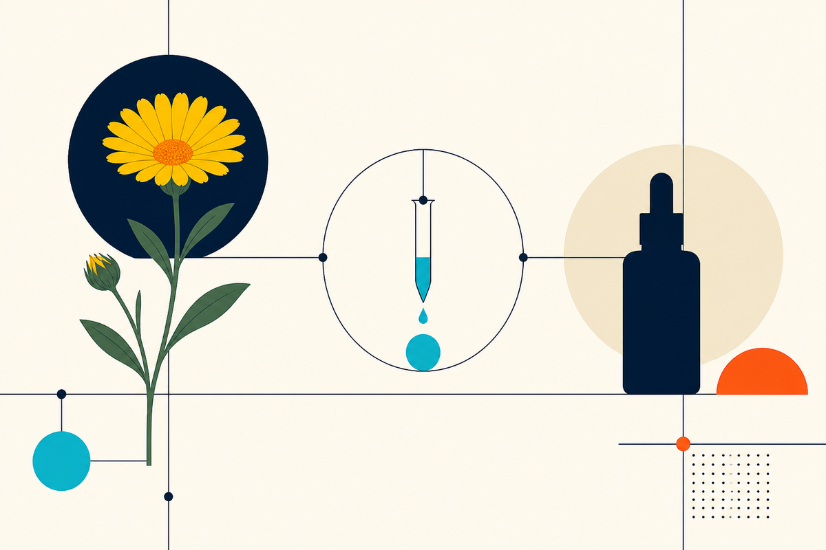 Minimal geometric illustration showing a calendula flower, a laboratory drop and a cosmetic bottle