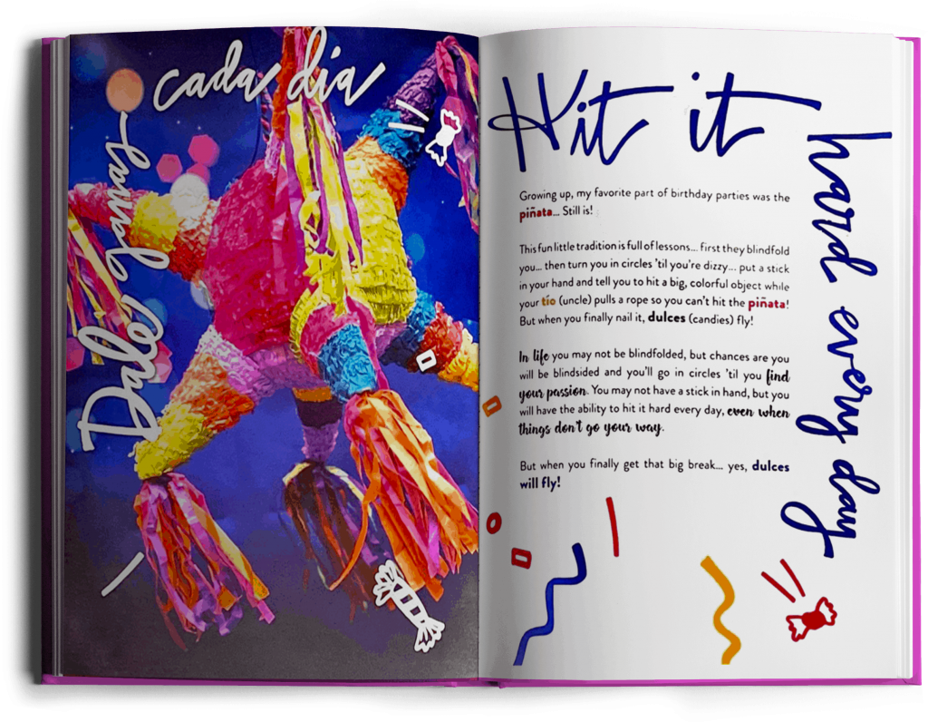 Dale Ganas book spread with colorful illustrations and personal advice