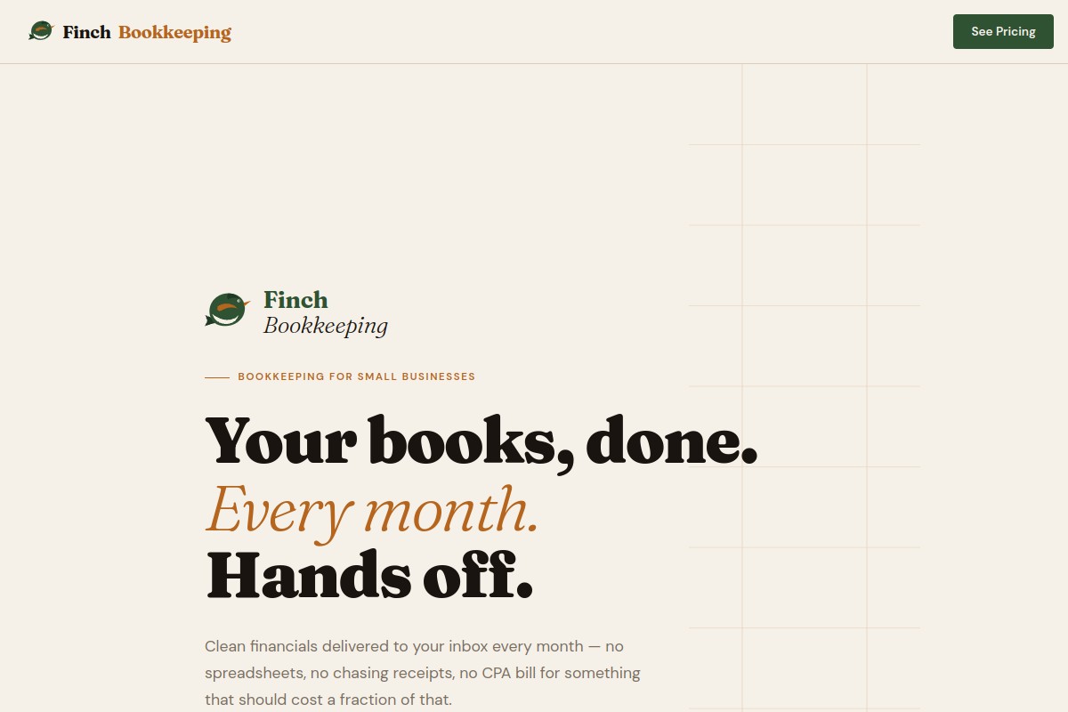 The Finch Bookkeeping website, showing its promise of monthly, hands-off bookkeeping