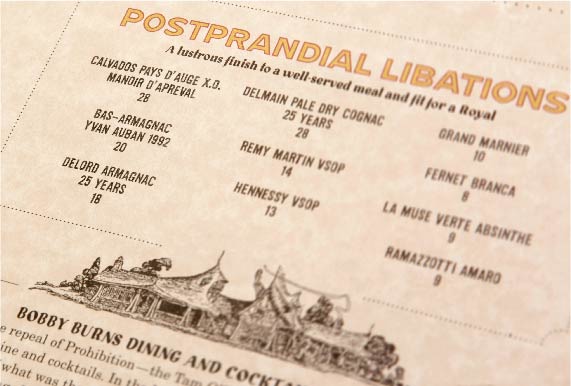 Close-up of the Tam O’Shanter menu, with illustrated restaurant and mixed vintage-style lettering