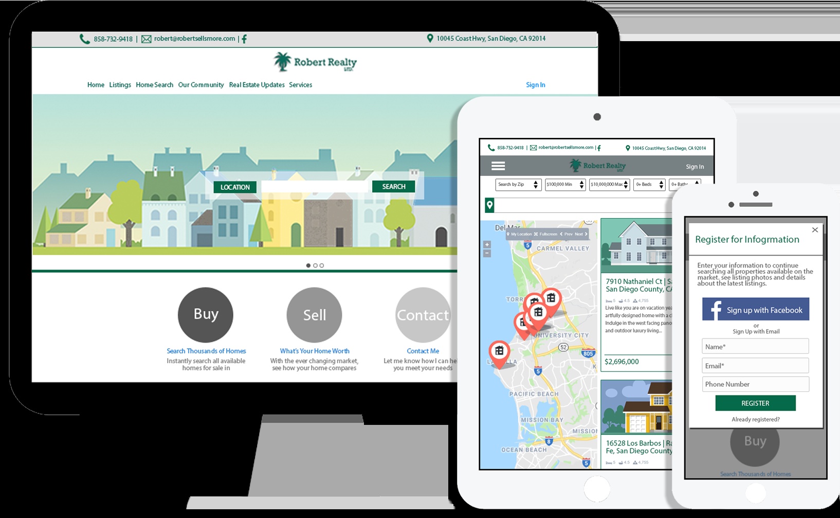 Z57 product illustration showing a branded agent website, property map and registration form on desktop, tablet and phone