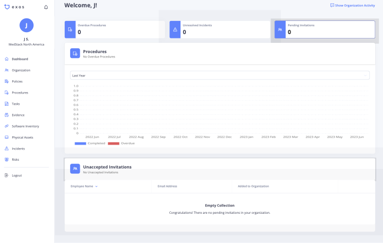 Exos dashboard showing procedures, tasks, and organization activity