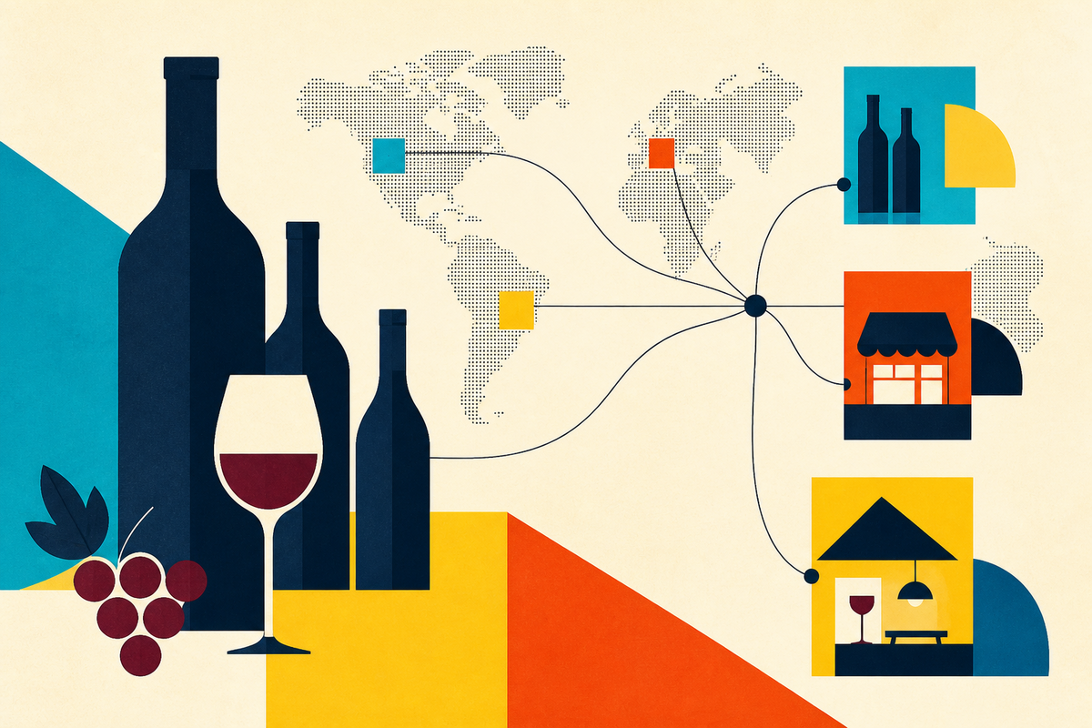 Geometric illustration of wine bottles and a glass connected by routes from global origins to shops and restaurants