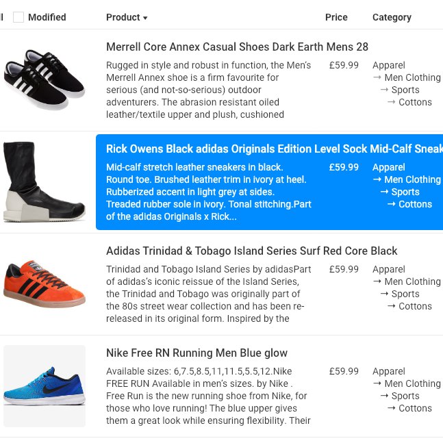 Moonbow product catalogue editor showing shoes, prices and retail categories