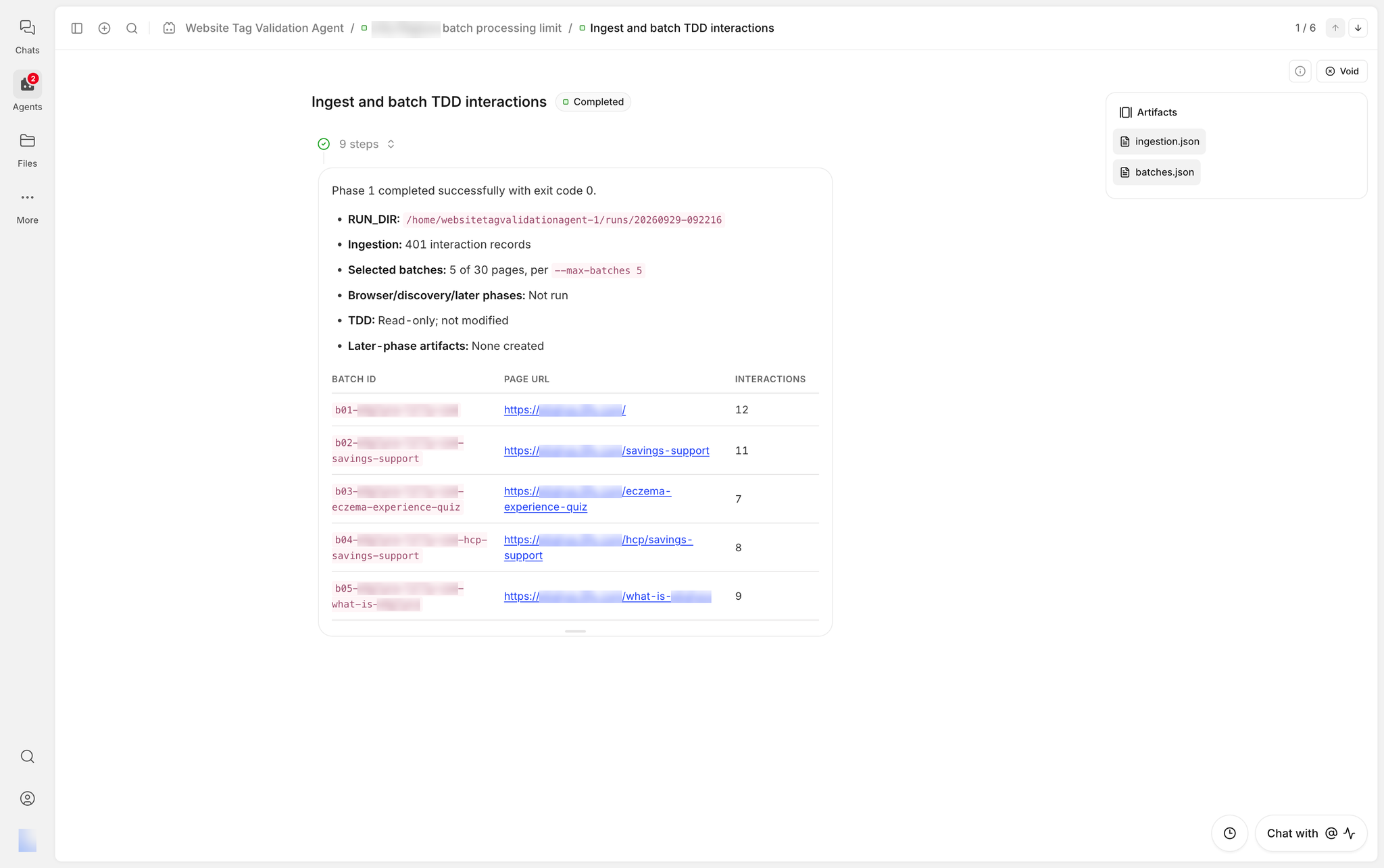 Zamp interface reading a tracking specification and preparing website validation batches