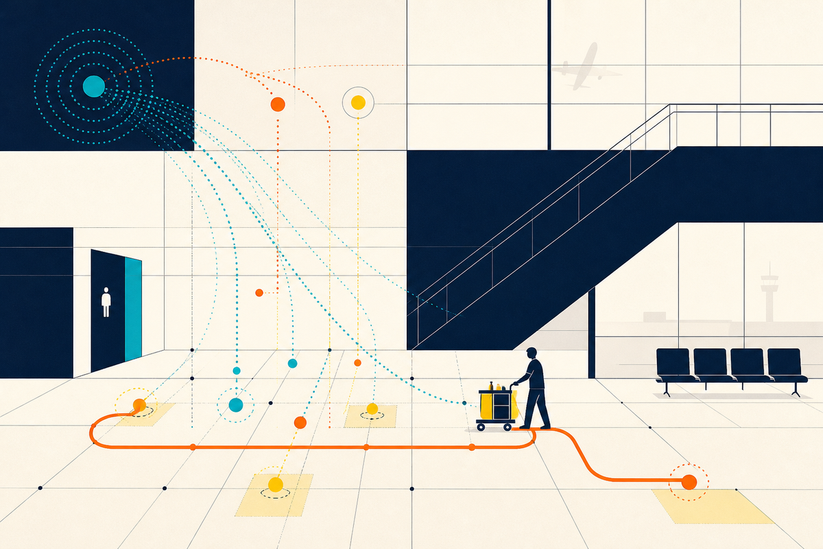 Abstract geometric illustration of sensor signals guiding a cleaner through a large commercial building