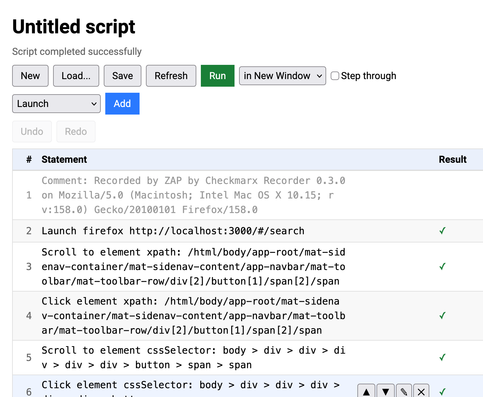 ZAP Script Viewer showing recorded browser steps and successful replay results