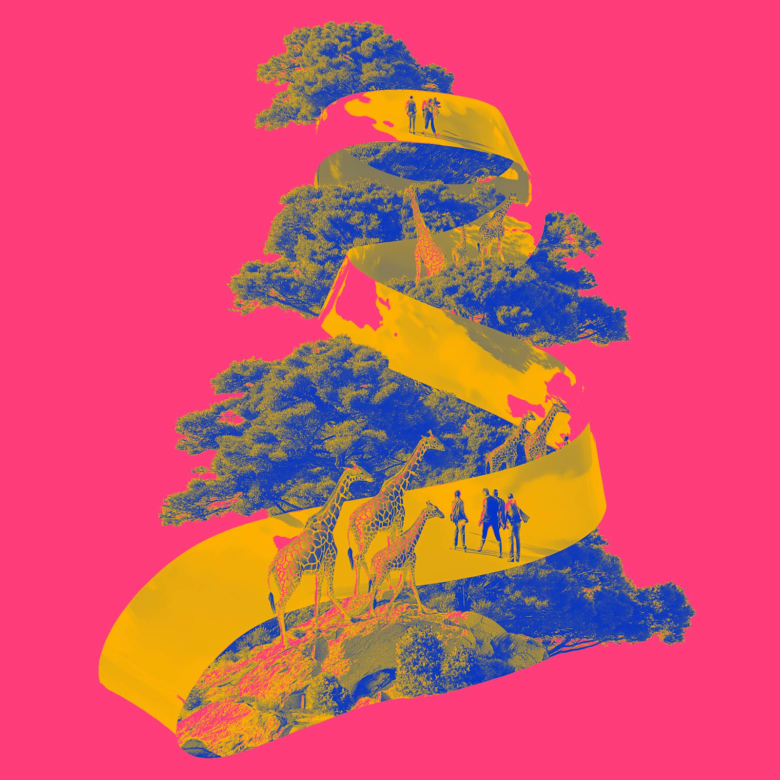 Zappi artwork showing people and giraffes moving along a ribbon through trees