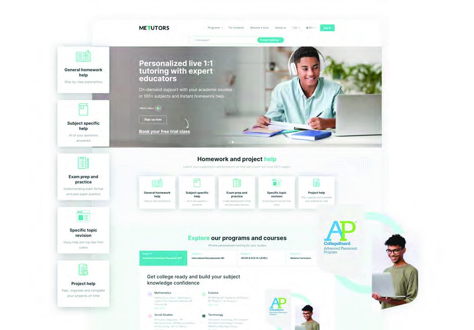 MEtutors tutoring website shown in ZAPTA’s portfolio, with program navigation and tutoring options