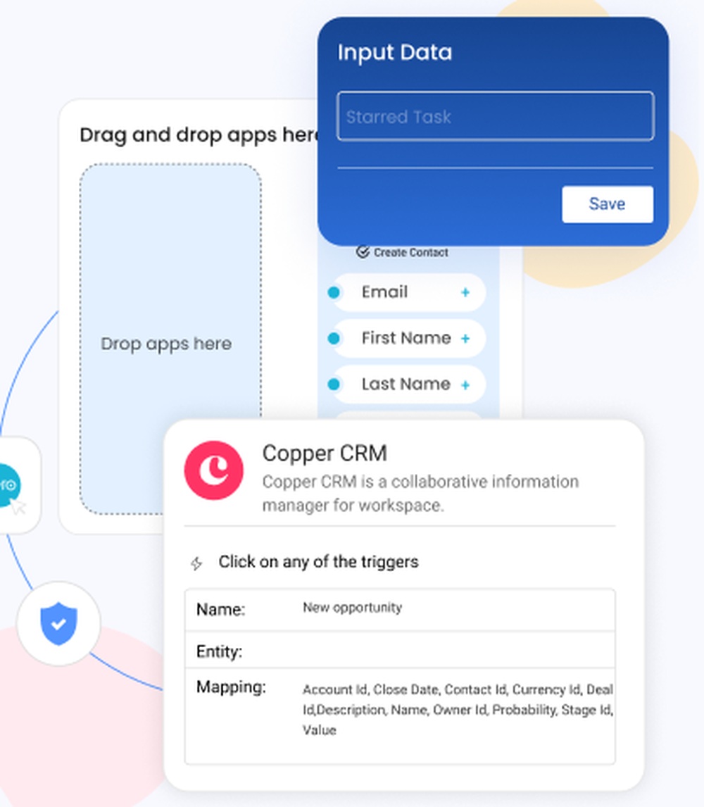 ZapUp vendor illustration showing a visual builder, input fields and a Copper CRM trigger