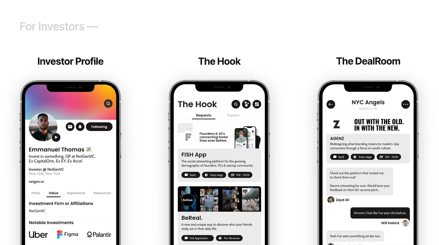Archived Fish app screens showing an investor profile, social feed and deal room