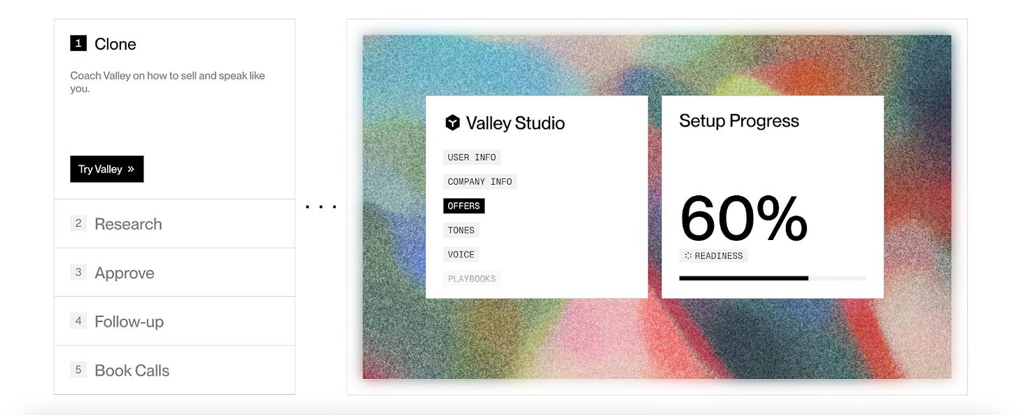 Early Valley Studio interface for setting product, prospect and tone information