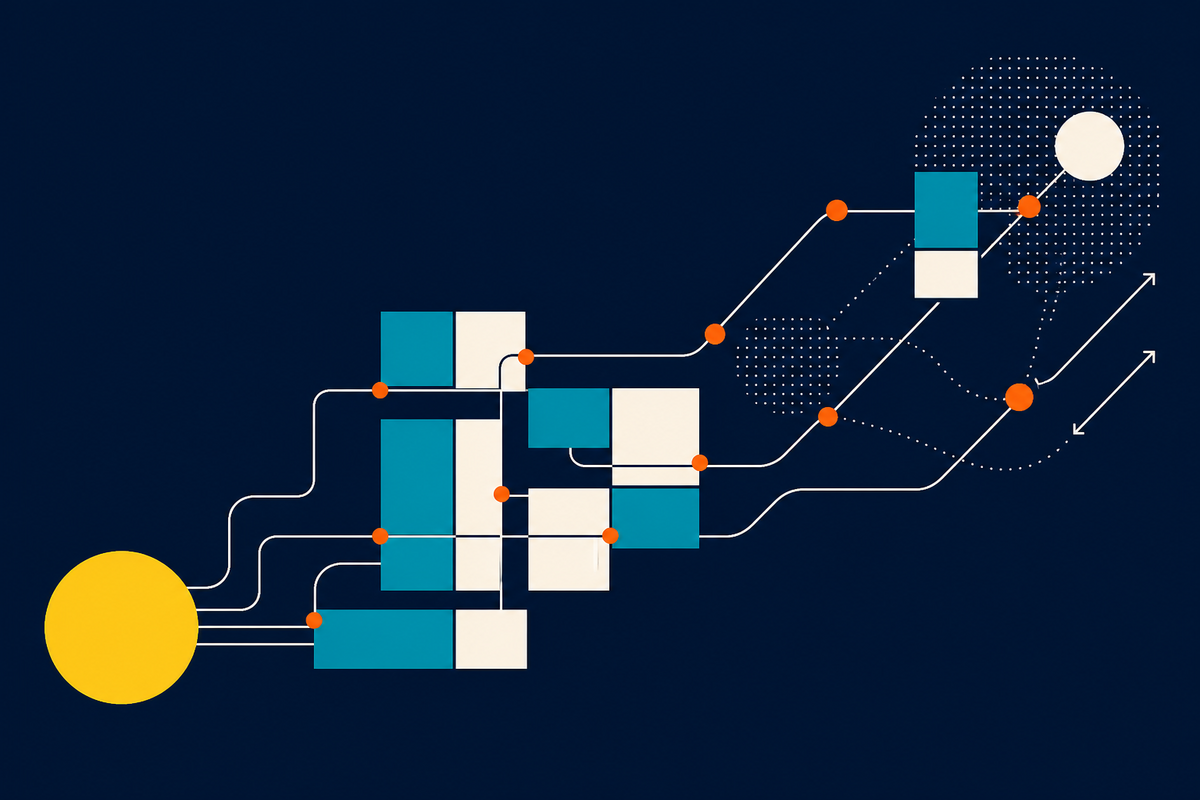Abstract Swiss-style illustration of capital flowing through digital platforms toward new markets