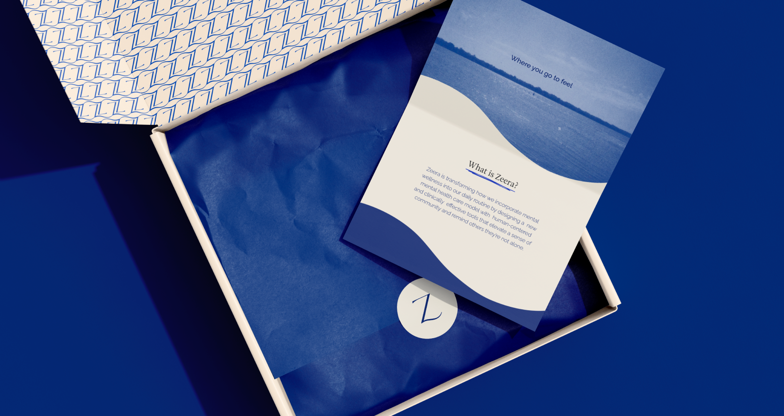 Zeera welcome booklet and printed materials in a blue presentation box