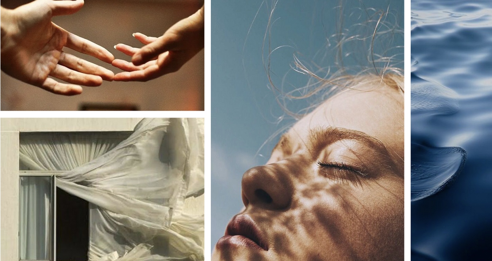 Zeera brand montage of reaching hands, a sunlit face, a curtain and water