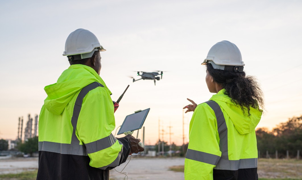 Two field personnel in hard hats and bright safety jackets operating a drone