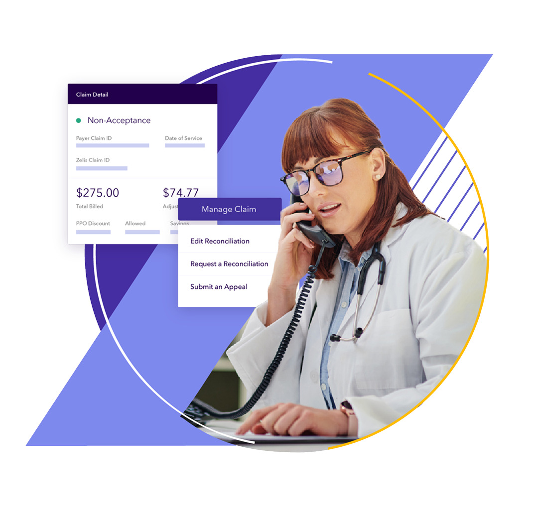 Clinician using a phone beside a stylized Zelis claim-detail interface
