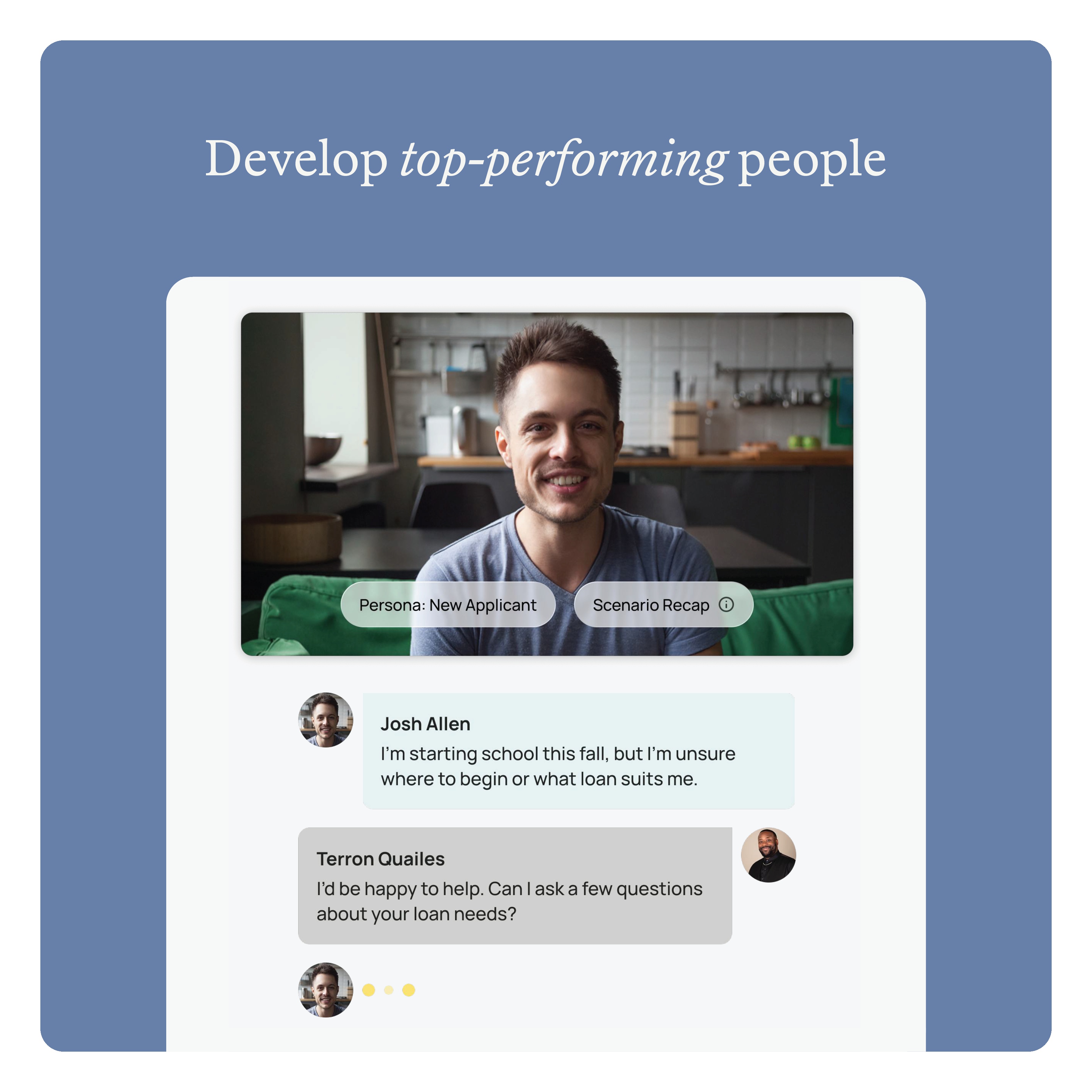Zenarate Perform product illustration showing an applicant persona and a simulated loan conversation
