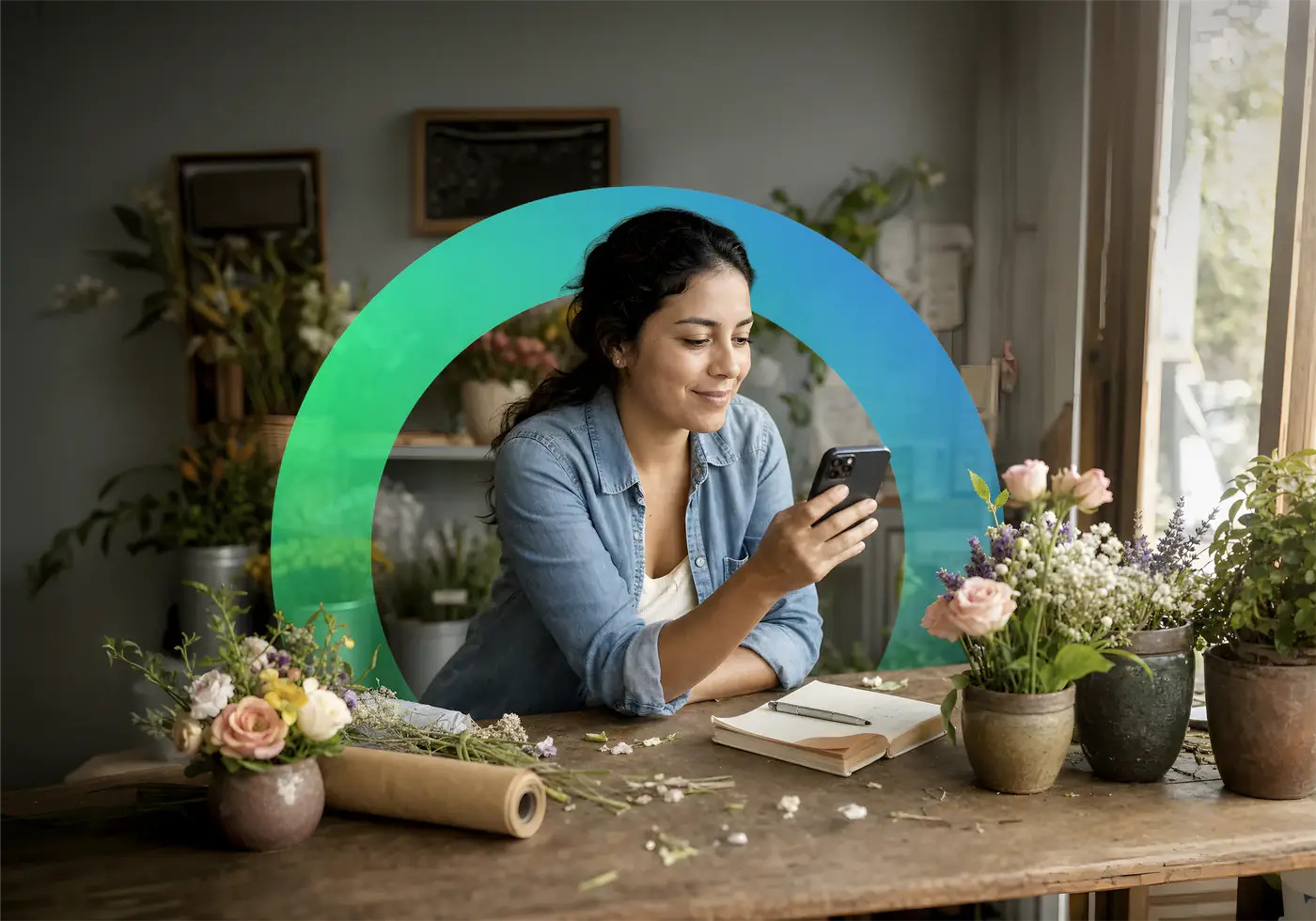 A florist using a phone inside the colorful ring used to represent ZenBusiness Velo