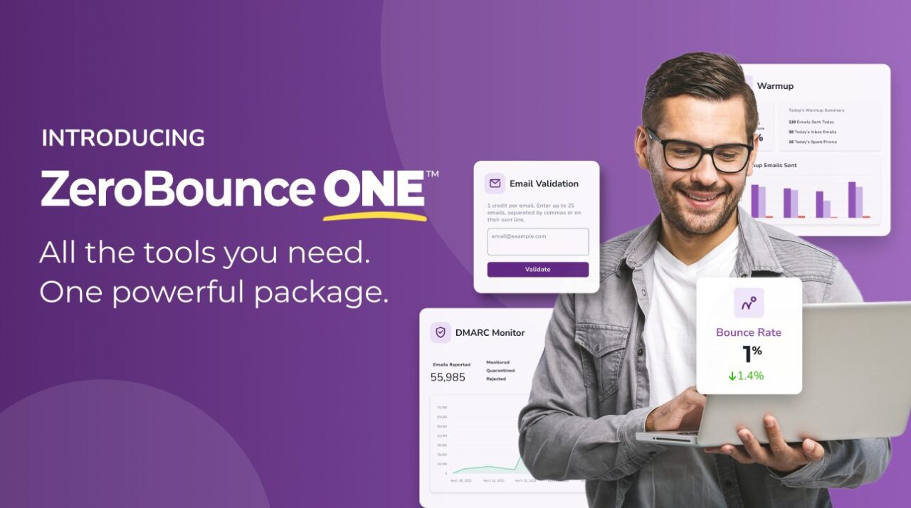 ZeroBounce ONE product suite graphic showing its email deliverability tools