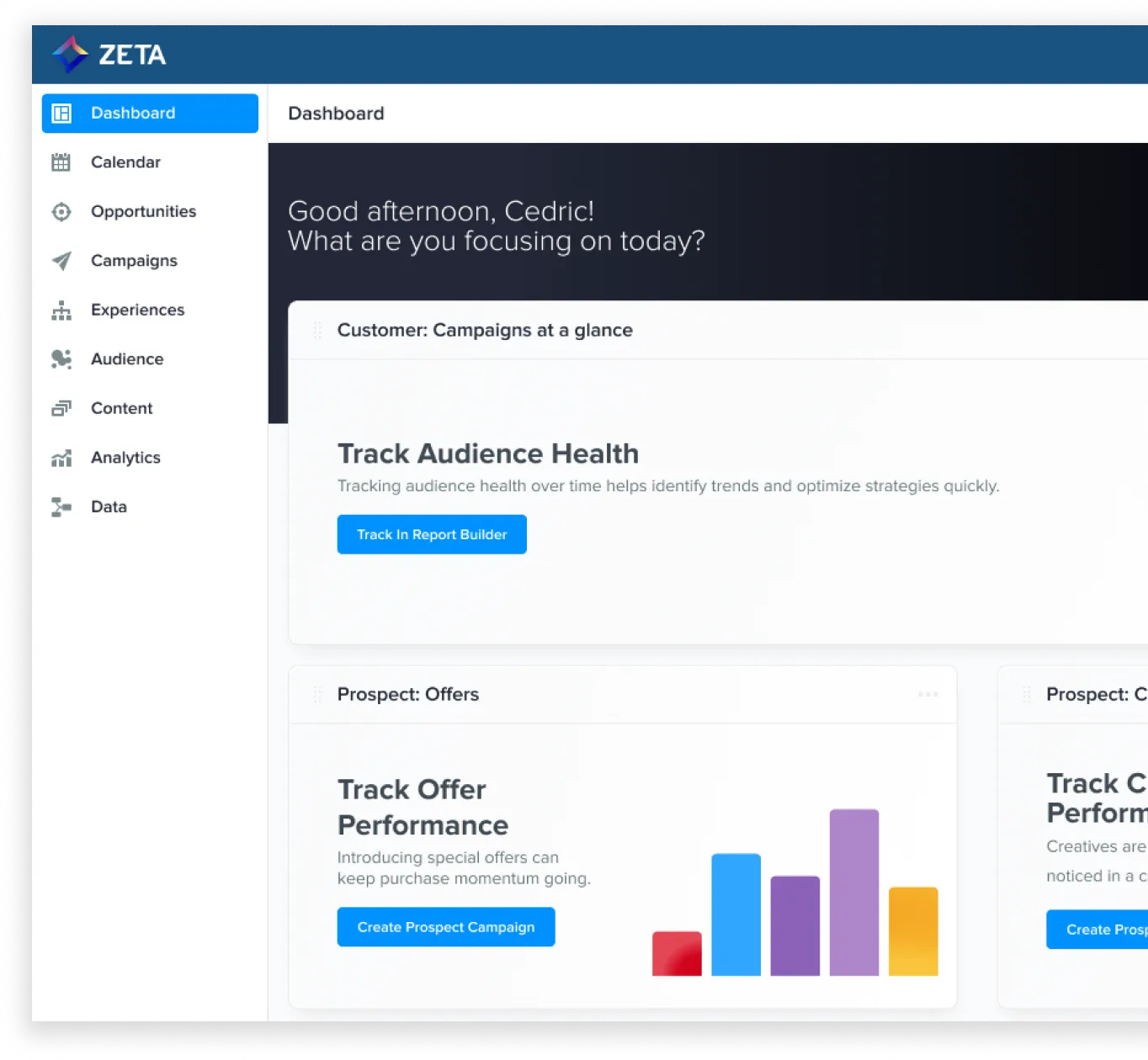 Zeta Marketing Platform dashboard showing campaign, audience and analytics modules