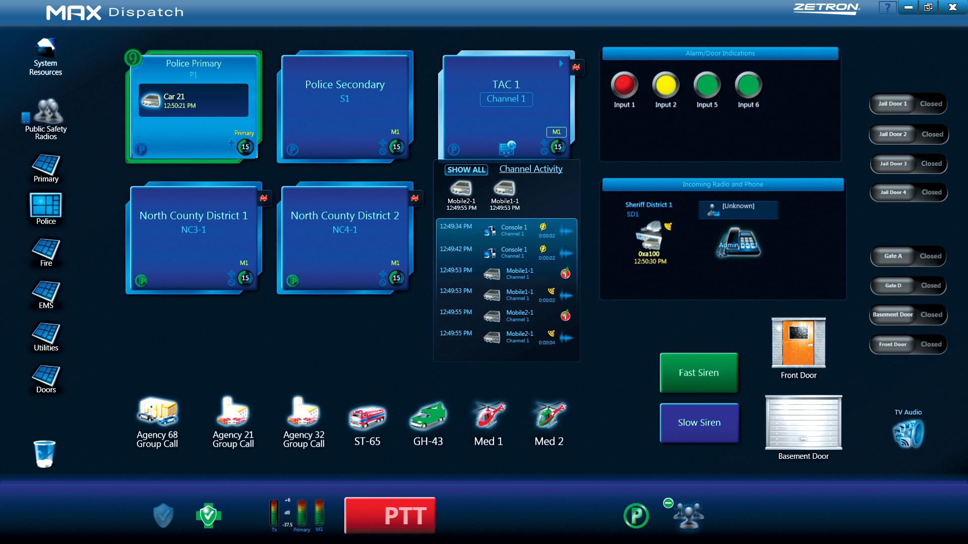 Zetron MAX Dispatch interface displaying radio channels, activity and controls