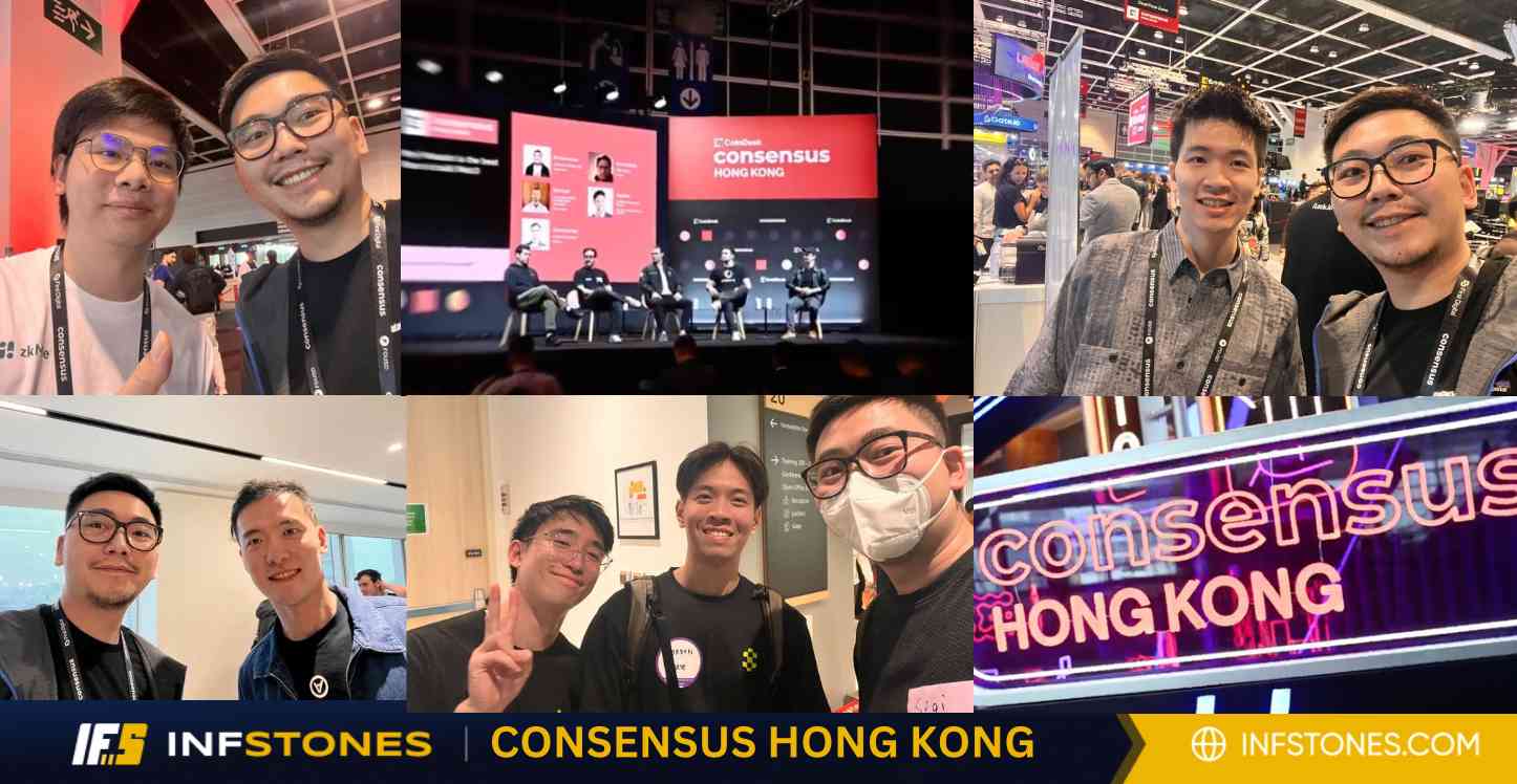 InfStones’ collage of team meetings, conference sessions, and networking at Consensus Hong Kong 2025