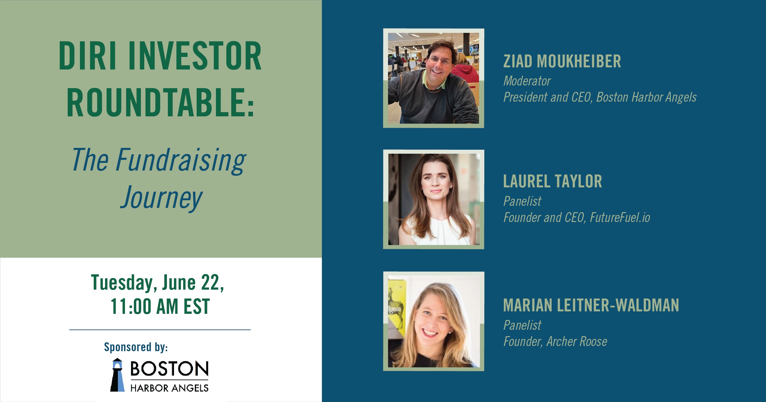 Promotional artwork for the 2021 fundraising roundtable featuring moderator Ziad Moukheiber and founders Laurel Taylor and Marian Leitner-Waldman