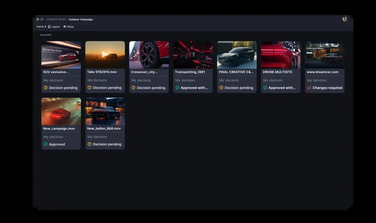 Ziflow gallery showing campaign proofs with pending, approved and changes-required decisions