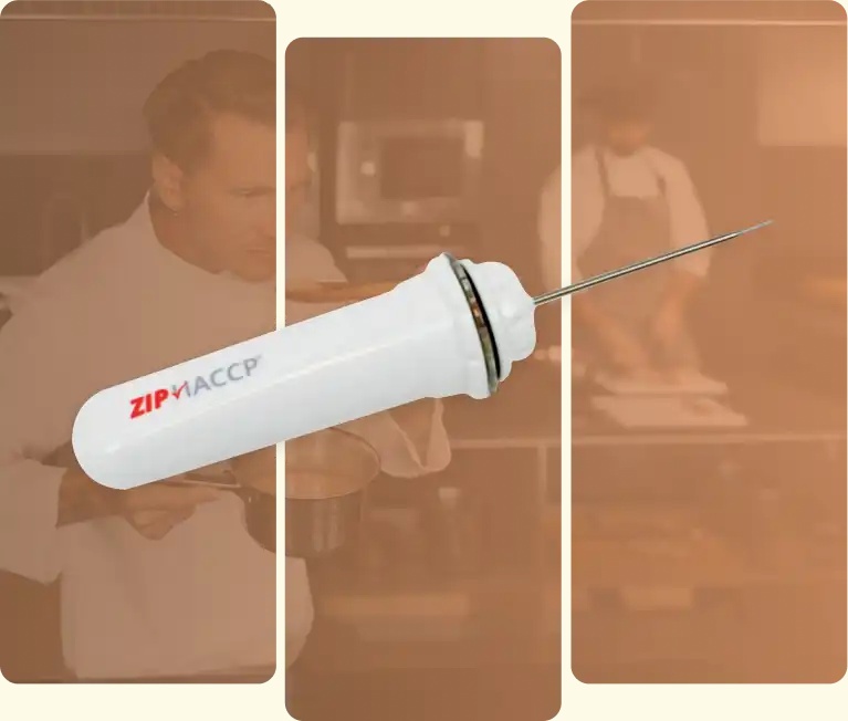 Zip HACCP Bluetooth probe in an official product composition with kitchen imagery