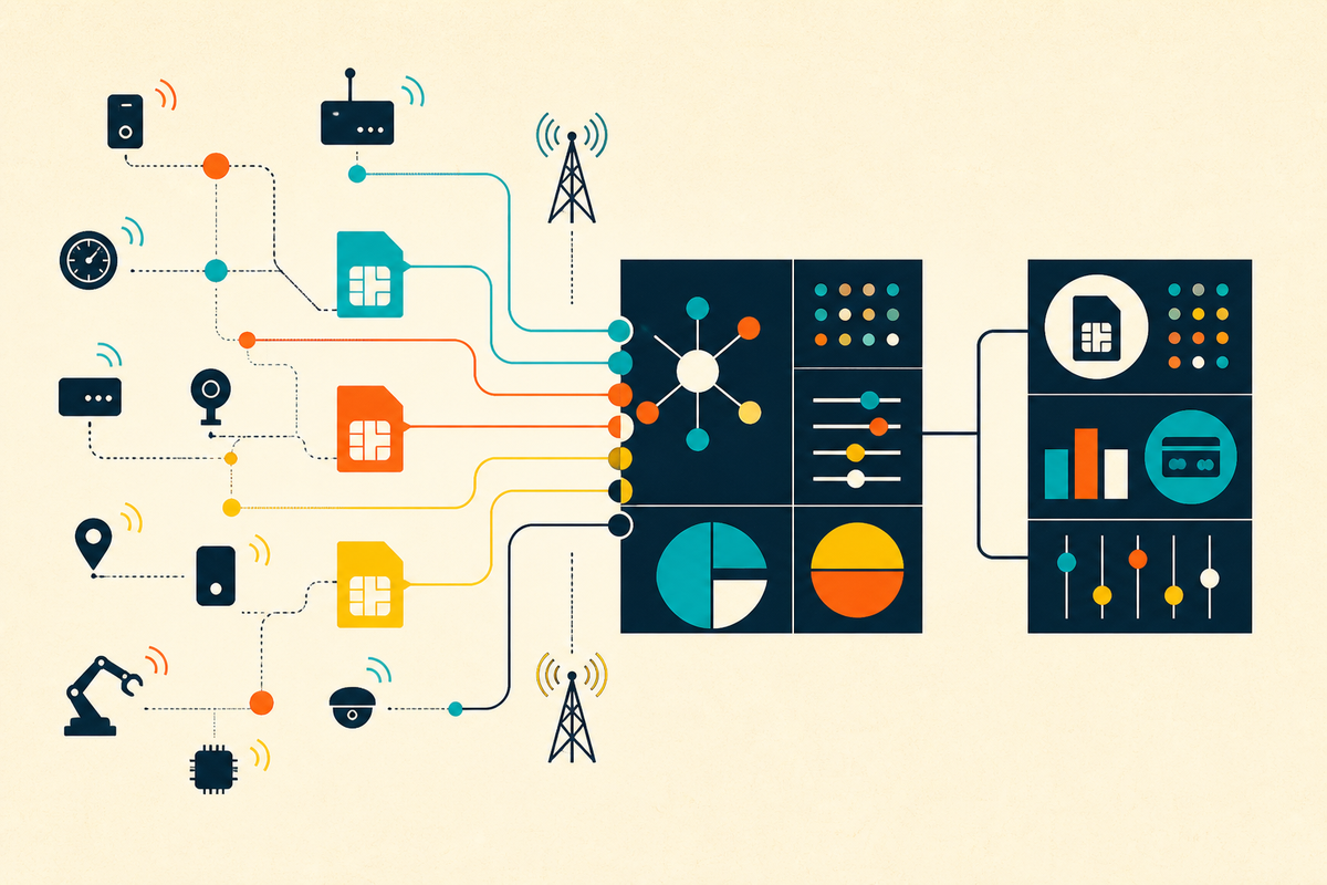 Abstract Swiss-style illustration of devices, SIMs, cellular towers and a unified management platform
