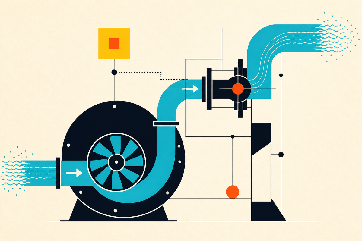 Abstract geometric illustration of an impeller moving blue water through a pump system