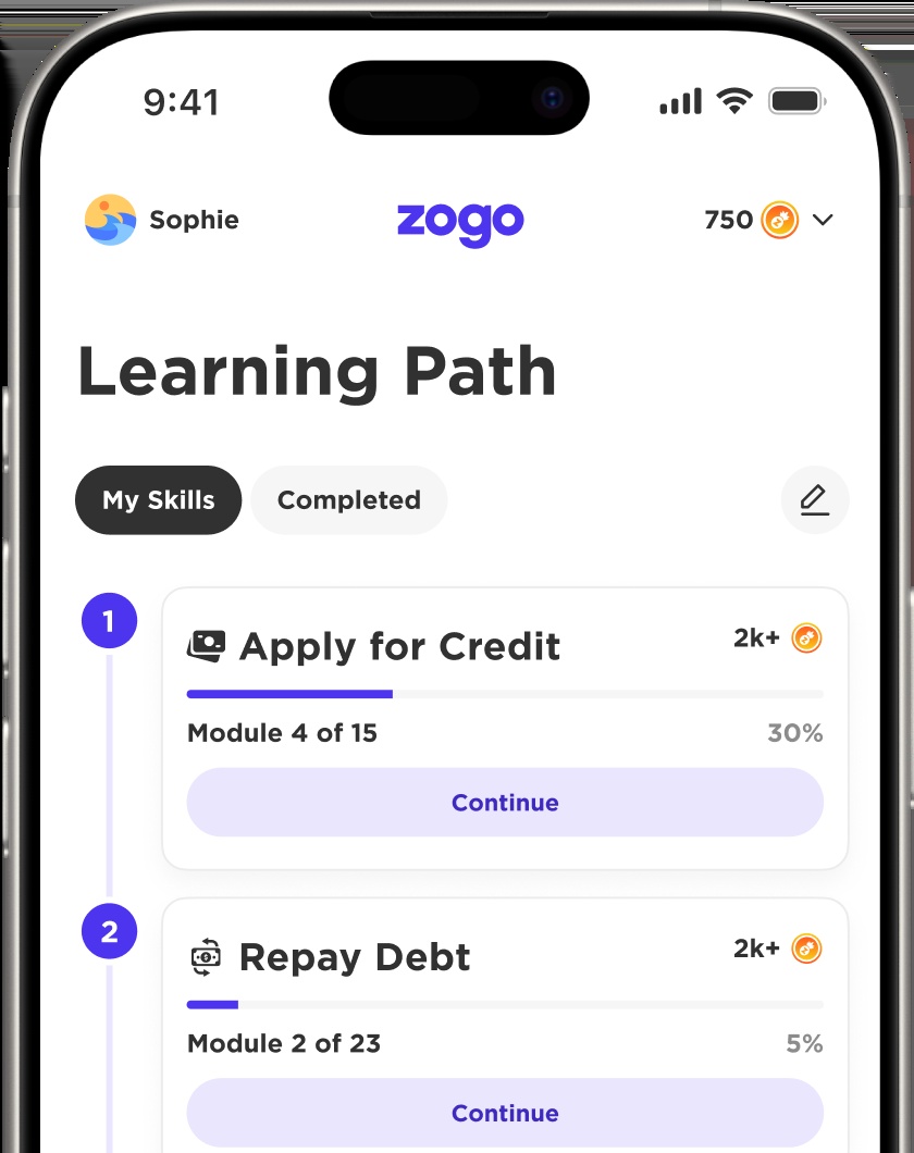 Zogo learning path showing Apply for Credit and Repay Debt modules with progress indicators