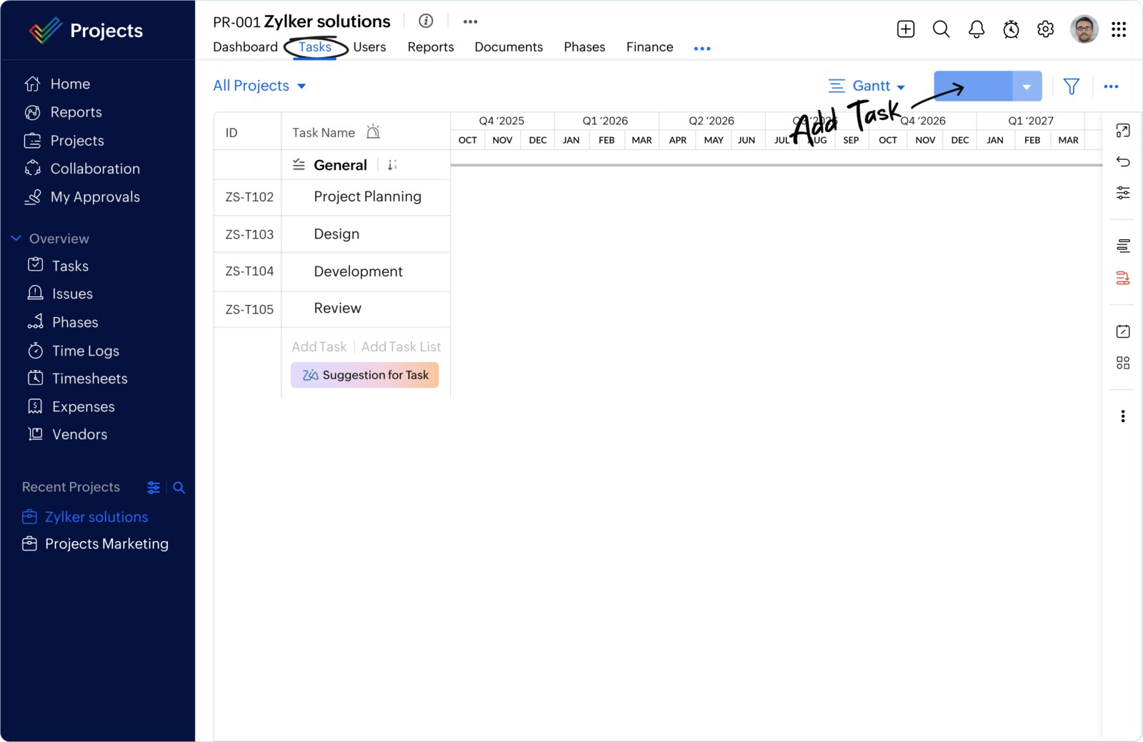 Official Zoho Projects interface showing a task list and Gantt timeline