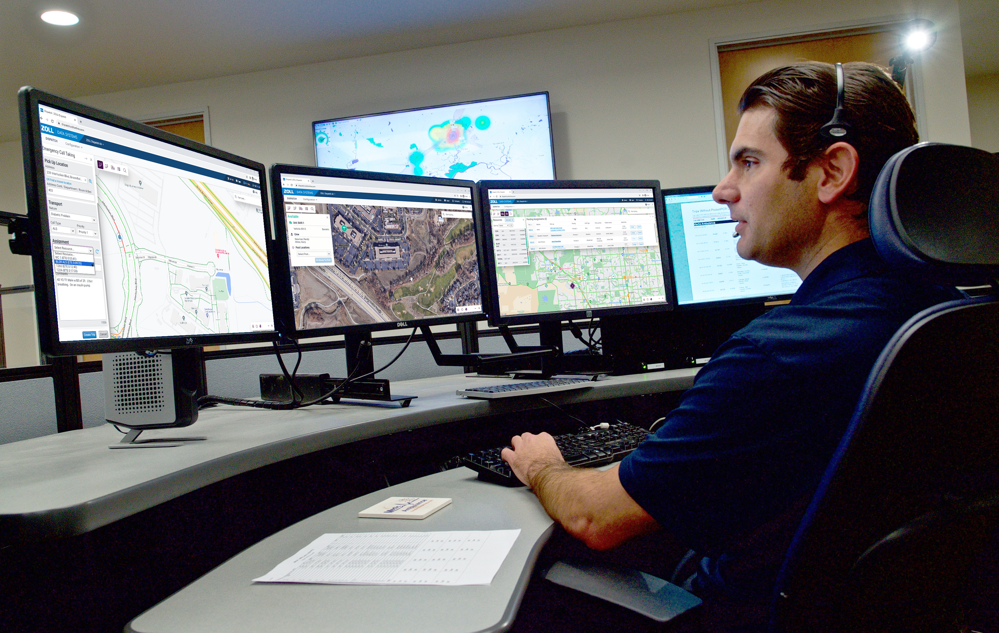 ZOLL Dispatch promotional composite showing dispatch screens and fleet maps