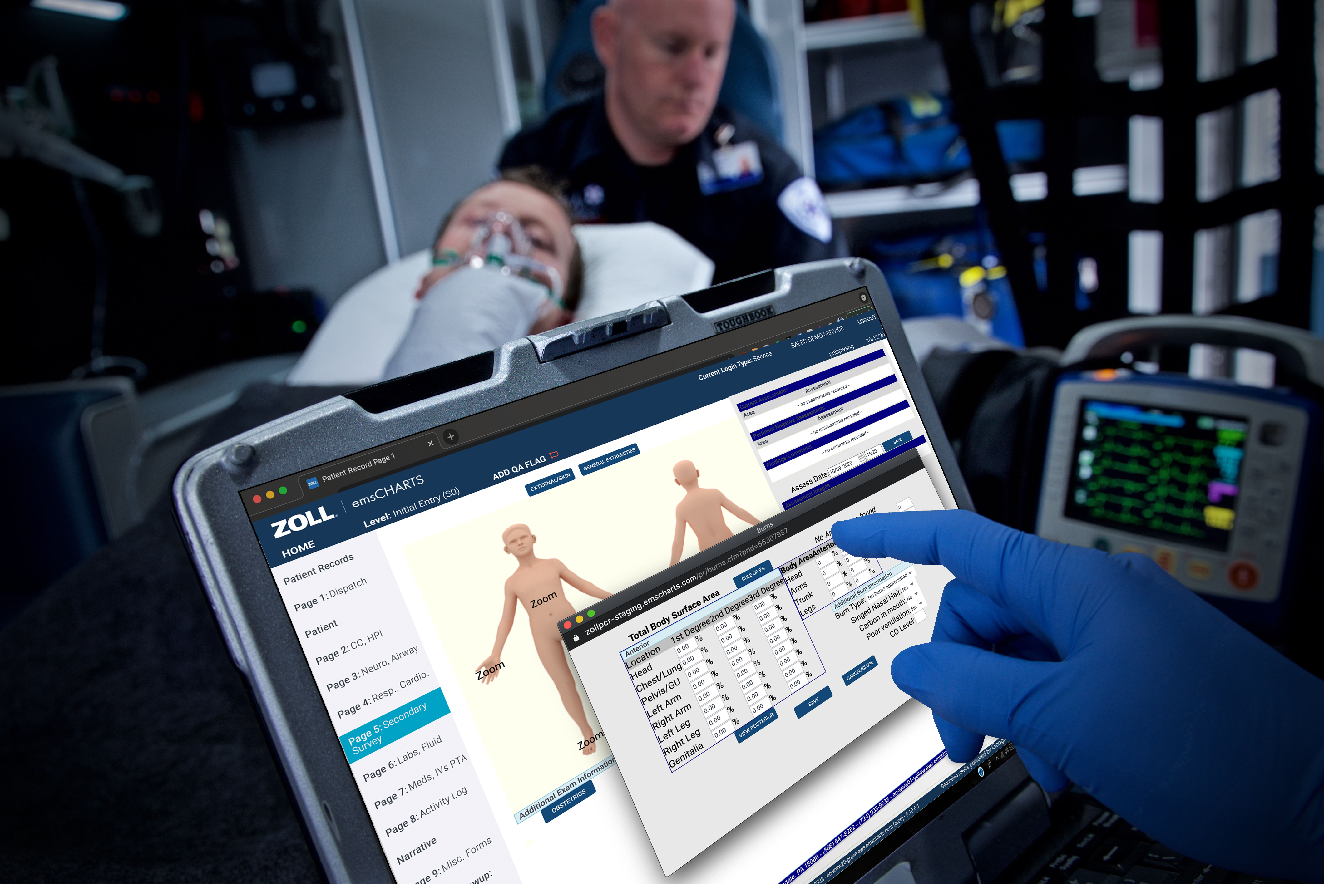 ZOLL promotional image showing emsCharts on a rugged computer beside a patient in an ambulance