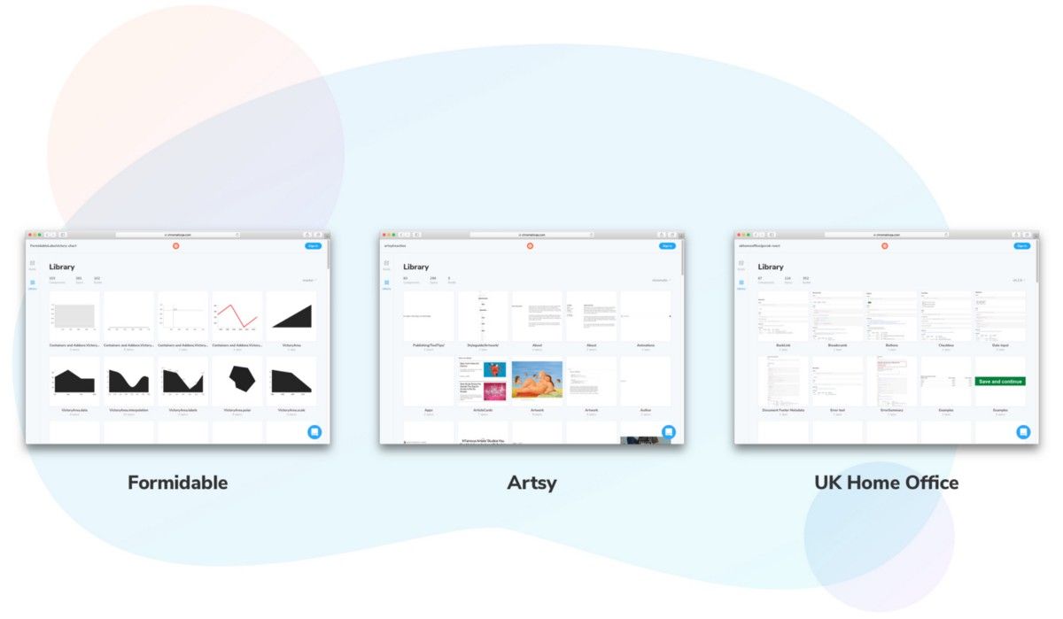 Three component library examples for Formidable, Artsy, and the UK Home Office