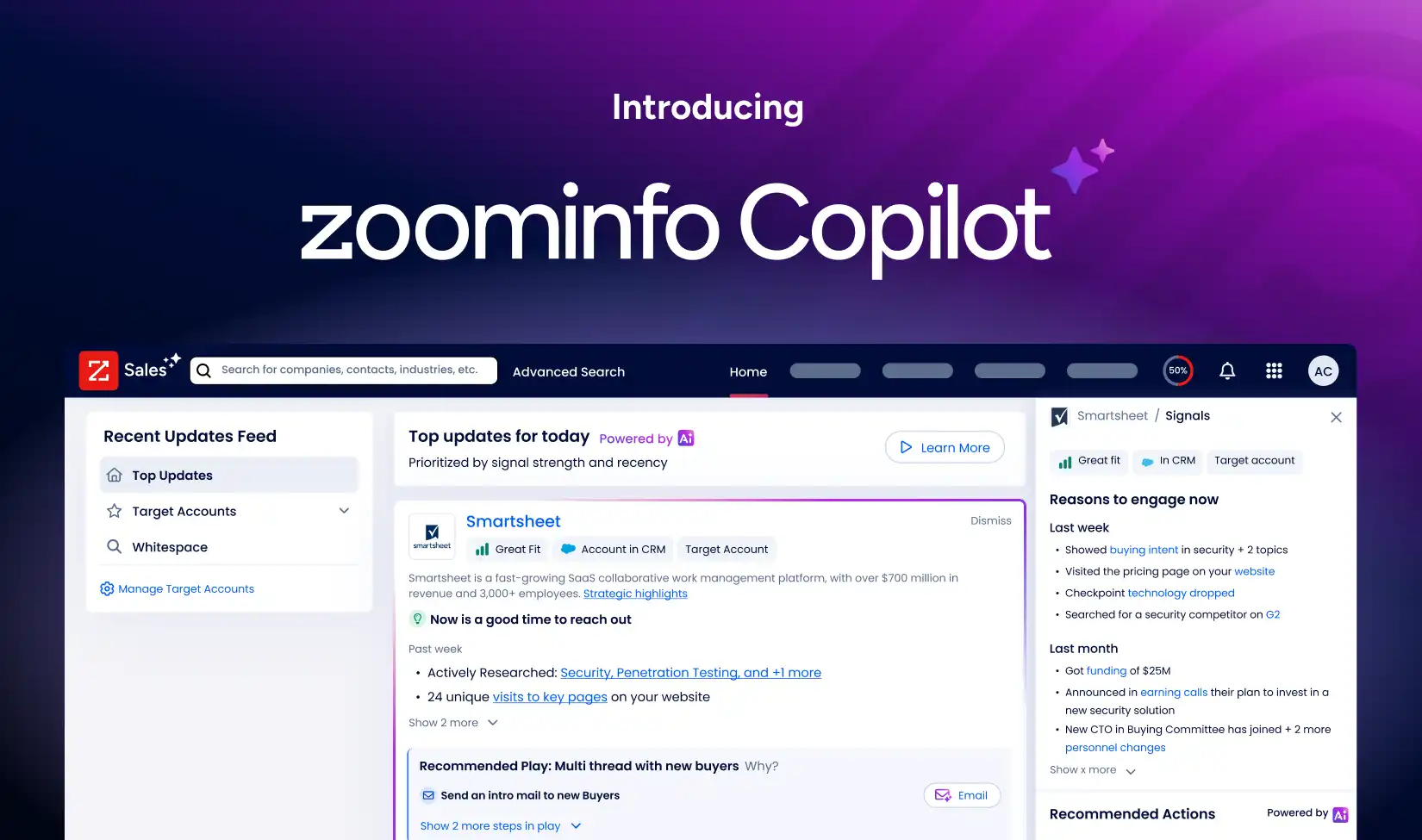 ZoomInfo Copilot dashboard showing recent account updates and buying signals
