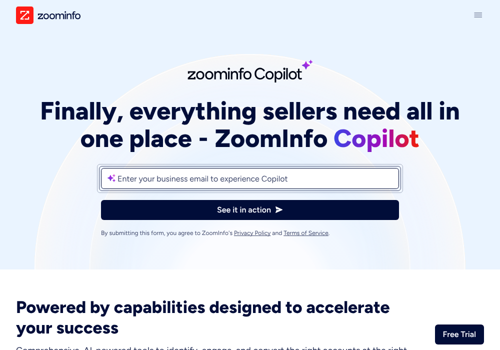 ZoomInfo Copilot web page presenting the product and a free trial