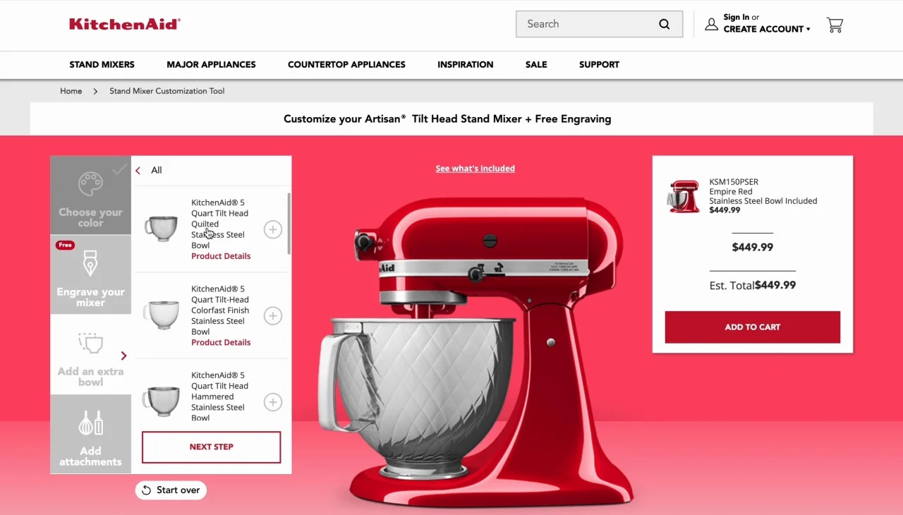 KitchenAid stand mixer customization interface with a red mixer, bowl choices and a cart summary