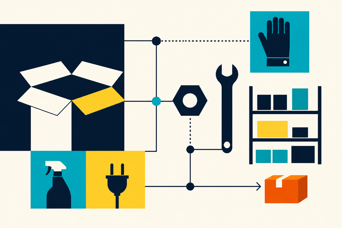 Abstract Swiss-style illustration of a box, wrench, safety glove and warehouse shelves connected by a distribution network