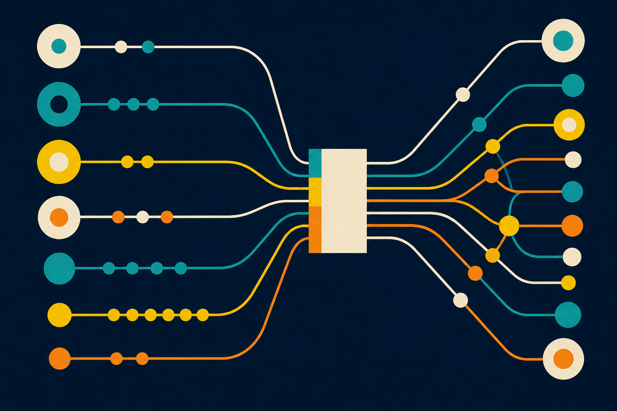 Abstract payment routes converging through a central gateway and branching into local networks