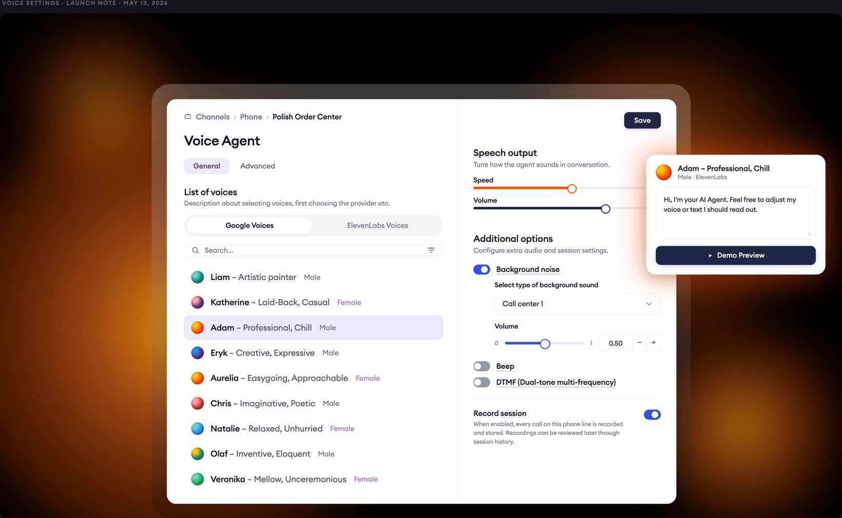 Zowie Voice Agent configuration interface