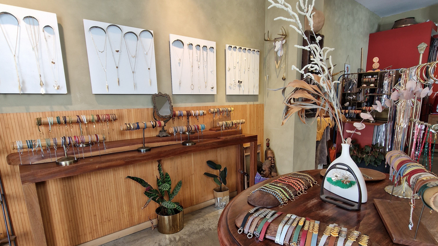 Jewelry displayed inside the Zozi shop and studio on Shabazi Street