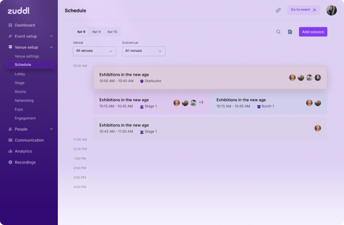 Zuddl event management platform - schedule dashboard