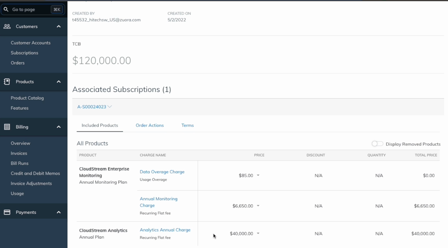 Zuora product interface showing a subscription and its included usage and annual charges