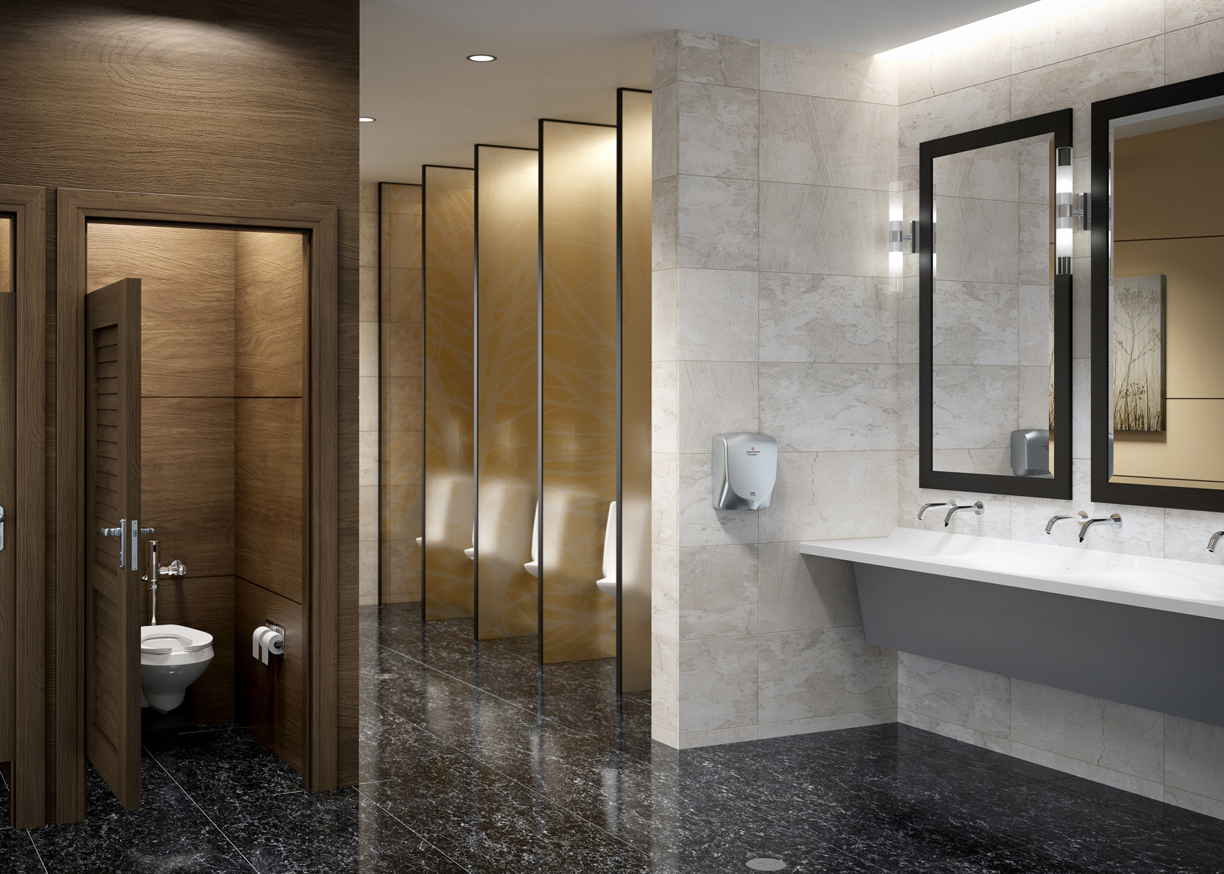 Commercial restroom with wall-mounted faucets, sinks, partitions and a hand dryer