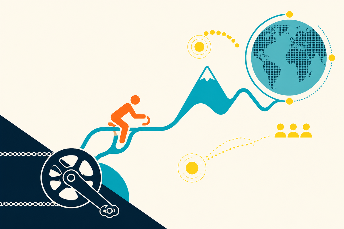 Abstract Swiss-style illustration of a cyclist, drivetrain, mountain route and connected globe