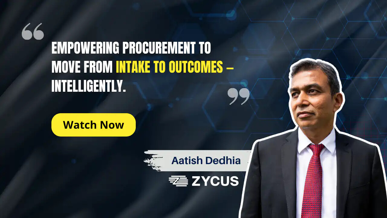 Zycus founder Aatish Dedhia in an official company video graphic about intake-to-outcomes procurement